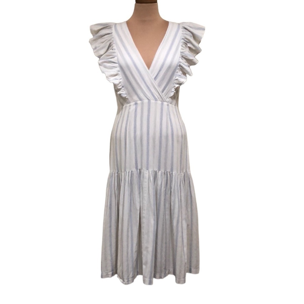 Rebecca Taylor Midi Dress Size 4 White Blue Striped Ruffle